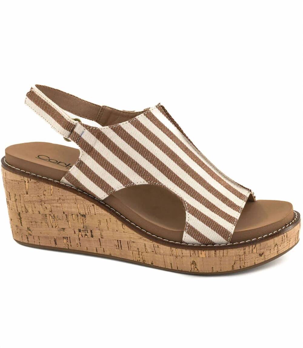 NEW CORKYS FOOTWEAR women's carley wedge in tan/ white stripe